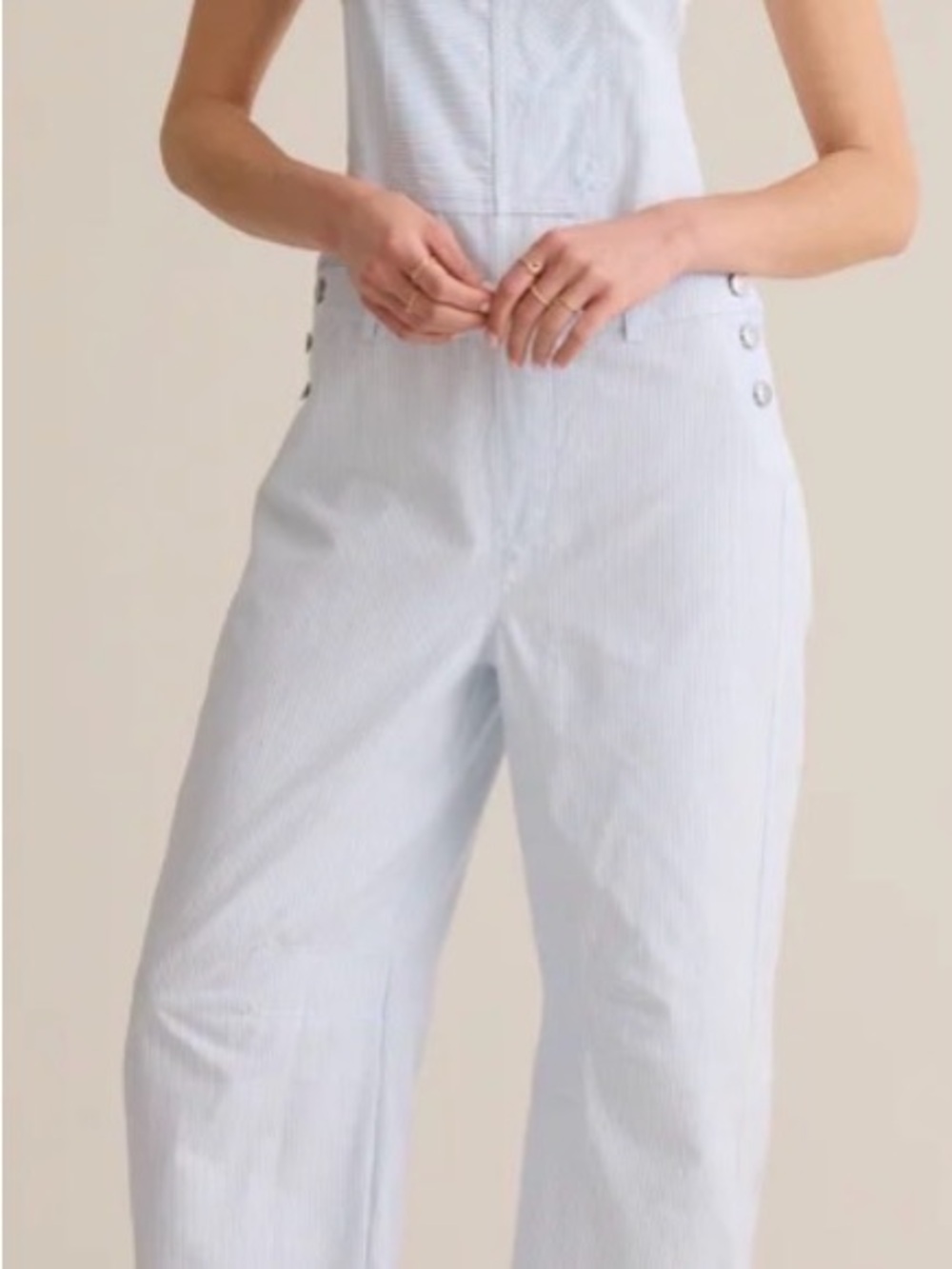 NWT Altar’d State Sawyer Striped Barrel Leg Overalls Ivory Blue XL